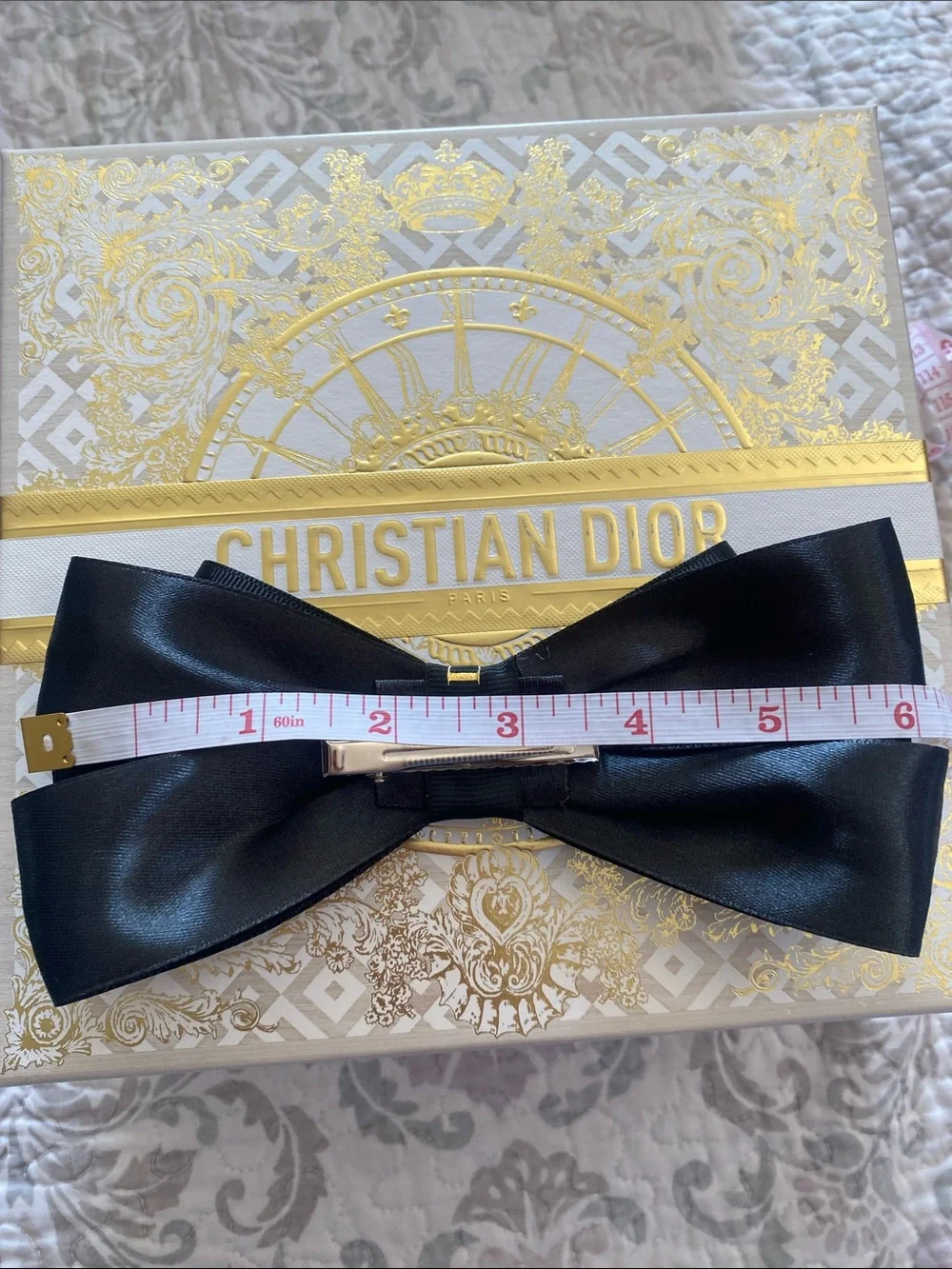 Dior Black Grosgrain Bow with Pearl Heart Center Hairclip